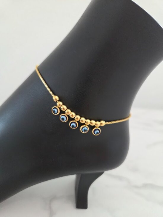 Jewelry - Gold Stainless Steel Evil Eye Anklet Box Chain Ojo Turco Beach Jewelry